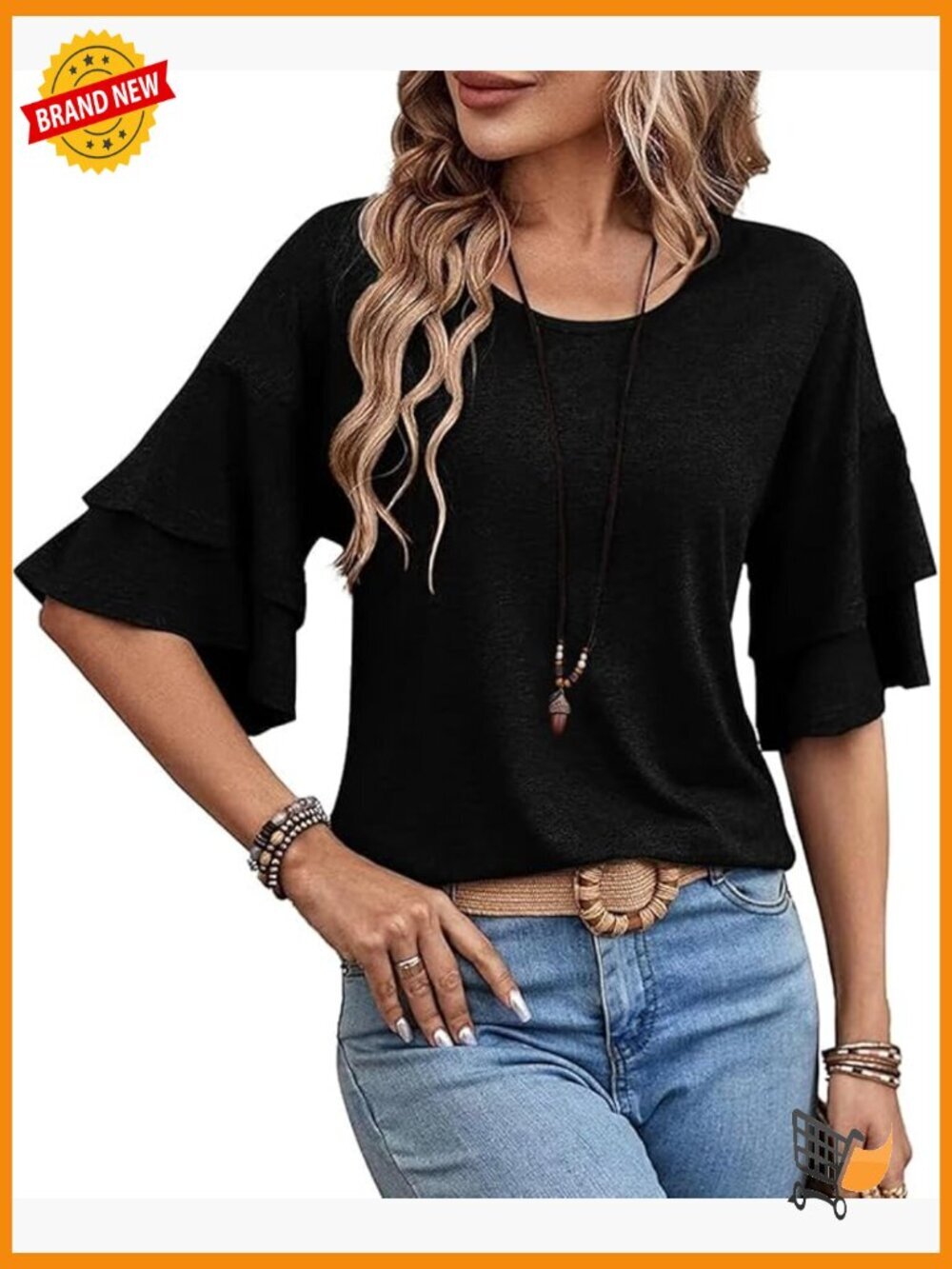 Womens Tunic Half Bell Sleeve Ruffle Blouse Loose Fit Casual